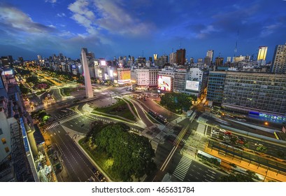 Buenos Aires, Argentina, - February. 20. 2016: Aerial View Of Buenos-Aires City Night High Difinition. Obelisk Monument On The Street 9 July