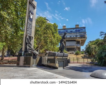 BUENOS AIRES, ARGENTINA - FEBRUARY 4, 2018: Evita Monument And Biblioteca Nacional Mariano Moreno (National Library)