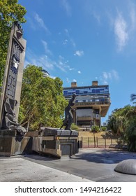 BUENOS AIRES, ARGENTINA - FEBRUARY 4, 2018: Evita Monument And Biblioteca Nacional Mariano Moreno (National Library)