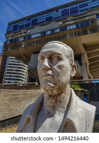 BUENOS AIRES, ARGENTINA - FEBRUARY 4, 2018: Bust Of Juan Domingo Perón And Biblioteca Nacional Mariano Moreno (National Library)