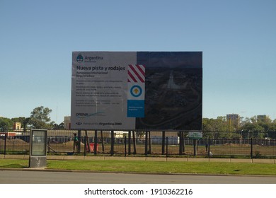 Buenos Aires, Argentina, February 4, 2021. Jorge Newbery Airport, Change Of The Poster That Announces The Reconstruction And Lengthening Of The Runway.