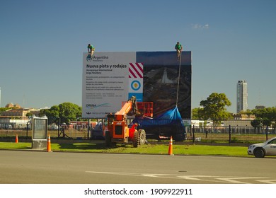 Buenos Aires, Argentina, January 4, 2021. Jorge Newbery Airport, They Change The Poster For The Reconstruction Work And Extension Of The Runway.