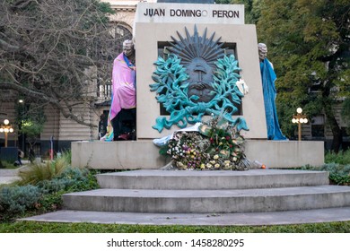 Buenos Aires, Argentina, July 13, 2019. Statue Of Juan Domingo Perón In The City Of Buenos Aires, Argentina.  
They Live Homeless Under A Monument. Financial Crisis In Argentina At Election Time.