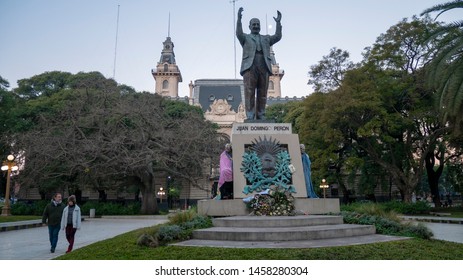 Buenos Aires, Argentina, July 13, 2019. Statue Of Juan Domingo Perón In The City Of Buenos Aires, Argentina.  
They Live Homeless Under A Monument. Financial Crisis In Argentina At Election Time.