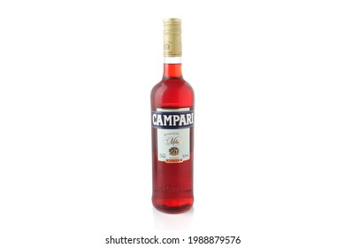 Buenos Aires, Argentina - June 10, 2021 - Campari Bottle On White Background. Italian Aperitif. Alcoholic Beverage