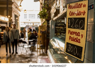 Buenos Aires, Argentina. May 1, 2019.
Poster Of Prices Of A Butcher Shop Inside The Old Market Of San Telmo