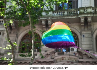 Buenos Aires, Argentina; Nov 6, 2021: LGBT Pride Parade. Heart Shaped Balloon With Rainbow Flag Colors Floating. Symbolic Image Without People.