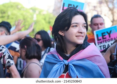 Buenos Aires, Argentina; Nov 6, 2021: LGBT Pride Parade. Young Woman With The Trans Flag Marching For A Comprehensive Transgender Law.