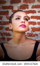 Buenos Aires, Argentina - November 18th, 2020: Beautiful Young Buzzcut Female Model In Urban Shoot.