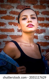 Buenos Aires, Argentina - November 18th, 2020: Beautiful Young Buzzcut Female Model In Urban Shoot.