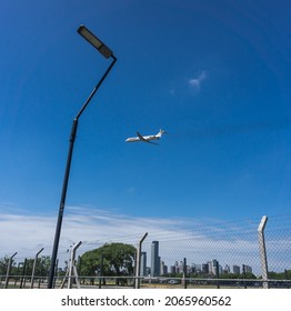 Buenos Aires, Argentina; November 22, 2019: A Plane Taking Off The Airport Newbery, With Black Fumes In The Air