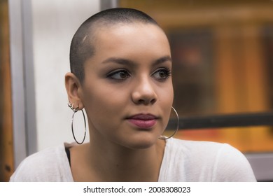 Buenos Aires, Argentina - November 27th, 2020: Young Female Model With Buzzcut In Urban Shoot.