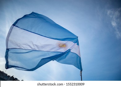 Buenos Aires, Argentina, October 19, 2019. An Argentine Flag On The March In Support Of President Mauricio Macri In Argentina.