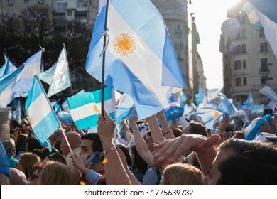 Buenos Aires, Argentina, October 19, 2019. A Crowd Of People With Argentine Flags On The March In Support Of President Mauricio Macri In Argentina.