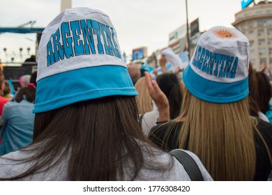 Buenos Aires, Argentina - October 19, 2019: Two Girls With Argentinian Hats On The March In Support Of President Mauricio Macri In Argentina.