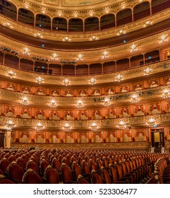 BUENOS AIRES, ARGENTINA - OCTOBER 26 2014   Six layers of ornate, interior balcony seating of the opera house building