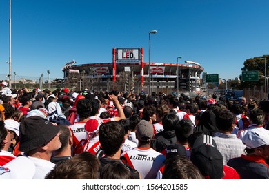 Buenos Aires, Argentina - October 6, 2013: River Plate Supporters Wait To Enter The Estadio Monumental Antonio Vespucio Liberti For A Soccer Game In The City Of Buenos Aires, Argentina.