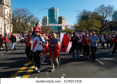 Buenos Aires, Argentina - October 6, 2013: River Plate Supporters Arriving At The Estadio Monumental Antonio Vespucio Liberti For A Soccer Game In The City Of Buenos Aires, Argentina.