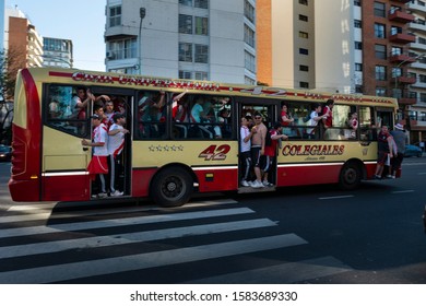 Buenos Aires, Argentina - October 6, 2013: A Groupf Of River Plate Ultra Supporters In A Bus Arriving At The Estadio Monumental Antonio Vespucio Liberti For A Soccer Game In The City Of Buenos Aires.