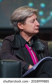 BUENOS AIRES, ARGENTINA - Sep 18, 2015: A Vertical Shot Of The Philosopher And Gender Theorist Judith Butler During A Lecture In Buenos Aires, Argentina