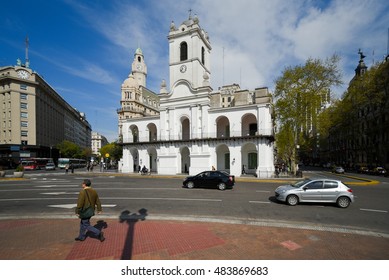 Buenos Aires, Argentina - Sept 15, 2016: Cabildo building view from Plaza de Mayo square.