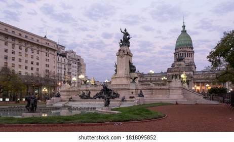 Buenos Aires, Argentina – September 11, 2013 – Monument To The Two Congresses In The Congressional Plaza Public Park In A Beautiful Sunrise, Behind The Palace Of The National Congress