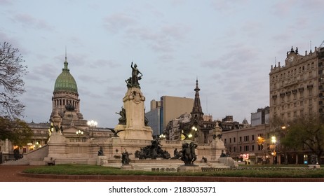 Buenos Aires, Argentina – September 11, 2013 – Monument To The Two Congresses In The Congressional Plaza Public Park. In The Background, The Palace Of The National Congress