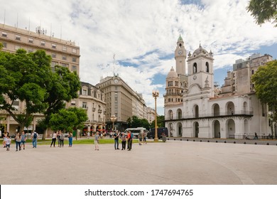 Buenos Aires, Argentina. Year 2020: Historical buildings of the Buenos Aires City. Plaza de Mayo, Cabildo and other old buildings. Urban Cityscape. Europe style in South America.