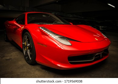 Buenos Aires, March 2016: Ferrari 458 Italia in garage. Car in parking garage. Red Supercar.