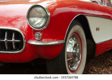 Buenos Aires, Year 2015: Front View Of A Classic Red Chevrolet Corvette. Close Up Of American Muscle Car Of 50s.