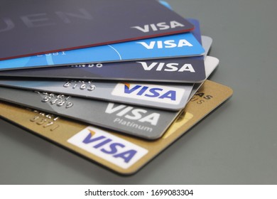 Buenos Aires/Argentine - April 09 2020: Close-up of Visa credit cards placed on a dark background