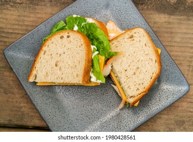 Buffalo chicken American cheese sandwich on picnic table