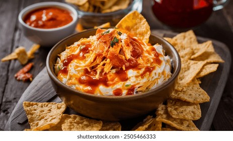 Buffalo Chicken Dip: Creamy, spicy dip with shredded chicken, buffalo sauce, and cheese. Perfect for dipping with chips or crackers at your next gathering - Powered by Shutterstock