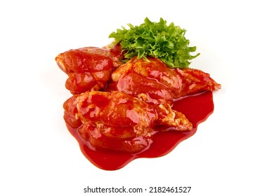 Buffalo Chicken Legs In Red Sauce, Isolated On White Background