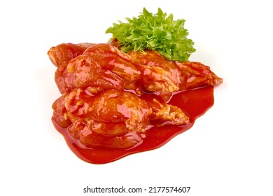 Buffalo Chicken Wings In Red Sauce, Isolated On White Background