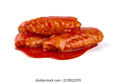 Buffalo Chicken Wings In Red Sauce, Isolated On White Background