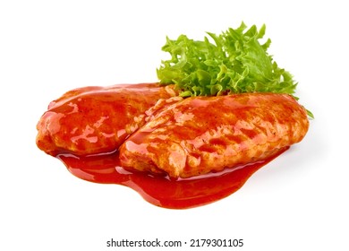 Buffalo Chicken Wings In Red Sauce, Isolated On White Background