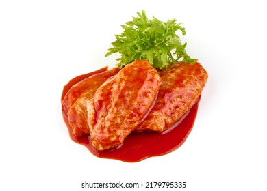 Buffalo Chicken Wings In Red Sauce, Isolated On White Background