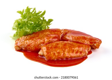 Buffalo Chicken Wings In Red Sauce, Isolated On White Background