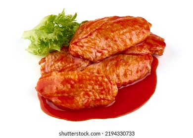 Buffalo Chicken Wings In Red Sauce, Isolated On White Background.