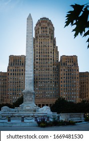 Buffalo City Hall Art Decor Building With Monument And Leaves In Downtown Buffalo, NY. No People Visible.