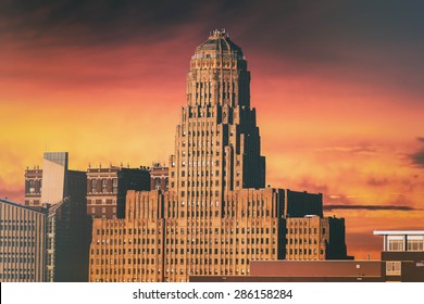 Buffalo City Hall Sunset. Buffalo City Hall and the Buffalo, New York skyline during sunset. Edited with a vintage look. (Public buildings, no release needed.)