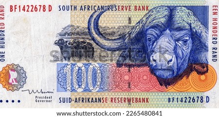Buffalo head, Portrait from South Africa 100 Rand 1994 Banknotes.