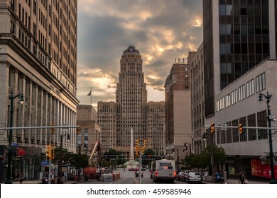 BUFFALO, NEW YORK - JULY 4, 2016: Looking down Court Street towards Buffalo City Hall, in downtown Buffalo, New York on a late afternoon.