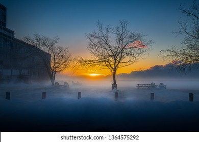 Buffalo New York Outer Harbor Winter Weather Landscape Misty Snow Covered Trees Sunset.