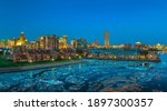 Buffalo New York skyline landscape view at night from erie basin marina.