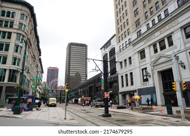 Buffalo, New York, USA - June 9, 2022: Streetscape of Main Street in downtown Buffalo
