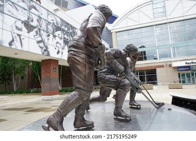 Buffalo, New York, USA - June 9, 2022: French Connection Statue At Alumni Plaza Outside KeyBank Center