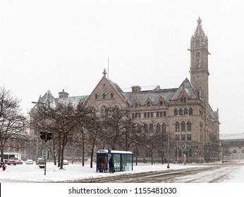 Buffalo, NY, USA - February 11th, 2012: Fireman's Park And Erie Community College, During Winter, In Downtown Buffalo