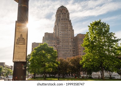 Buffalo NY, USA- June 3, 2021: Buffalo NY Art Deco City Hall With An Informational Historic Marker On A Sunny Day With Intentional Lens Flare